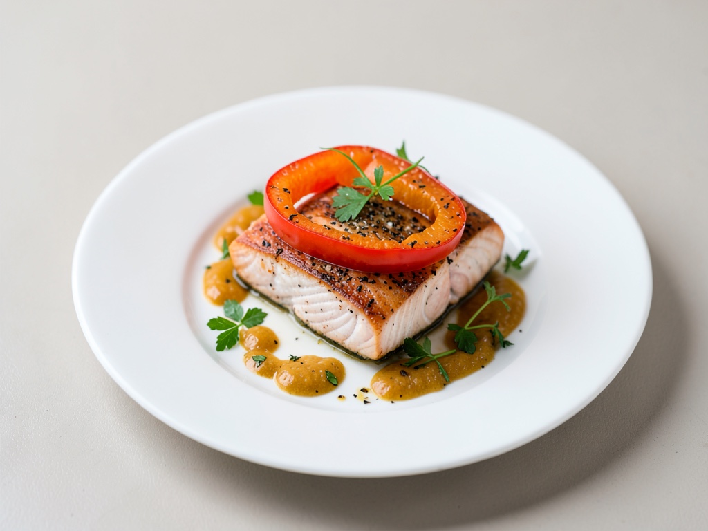 Saumon au four sur un anneau de poivrons colorés