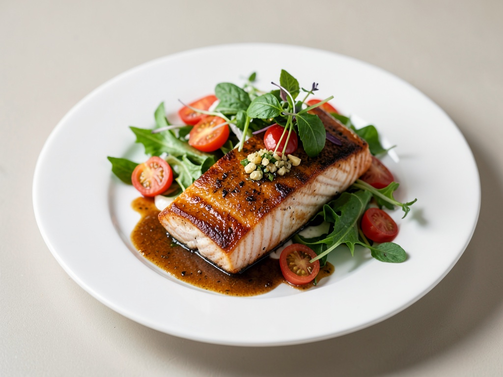 Salmone succoso dall'air fryer con insalata di verdure fresche