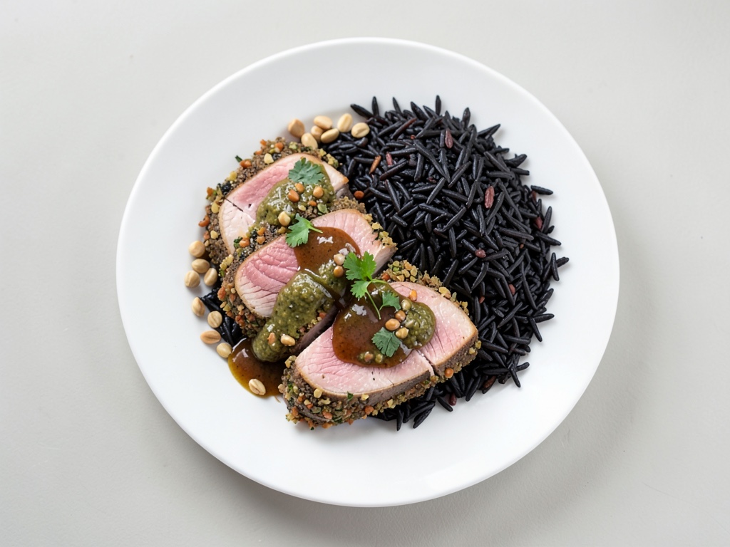 Knuspriger Lachs mit Sonnenblumenkruste, cremiger Kräutersauce und schwarzem Reis