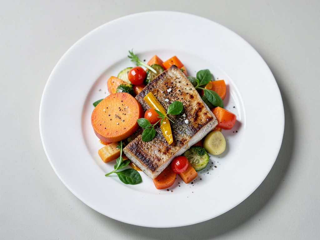 Salmone croccante con wedges di patata dolce e broccolini