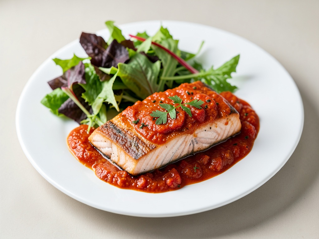 Filetti di salmone in salsa di pomodoro speziata con insalata fresca