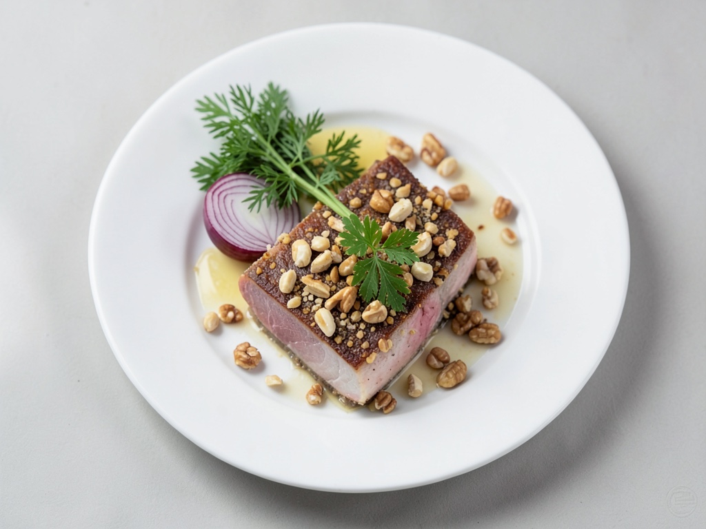 Salmón crujiente con mezcla de nueces y perejil