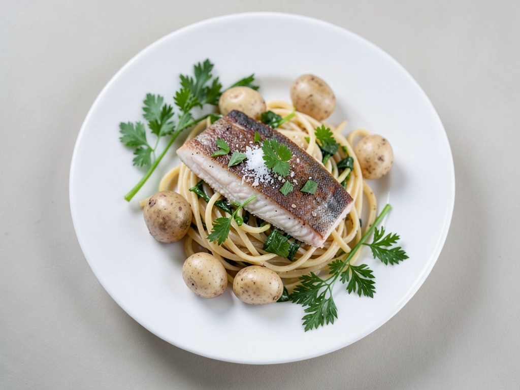 Lachsfilets mit knuspriger Wirsing-Kartoffel-Kruste auf Nudeln