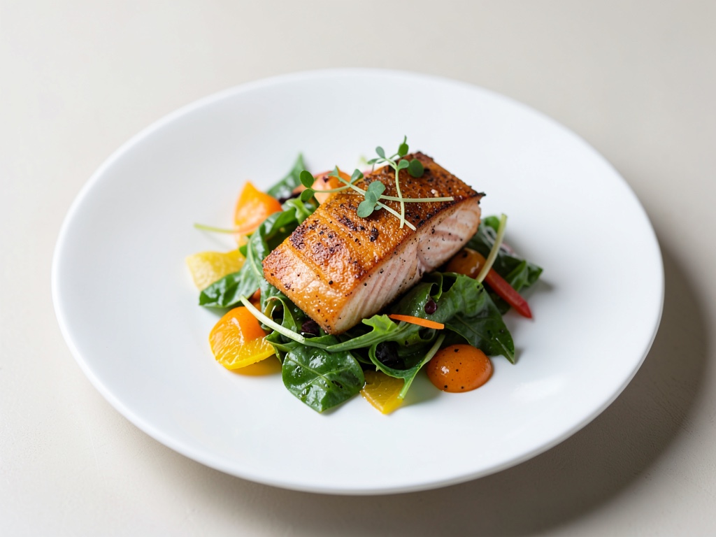 Salmone croccante su insalata al limone e zenzero