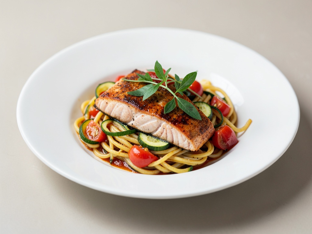 Salmone al forno su spaghetti di zucchine e pomodori