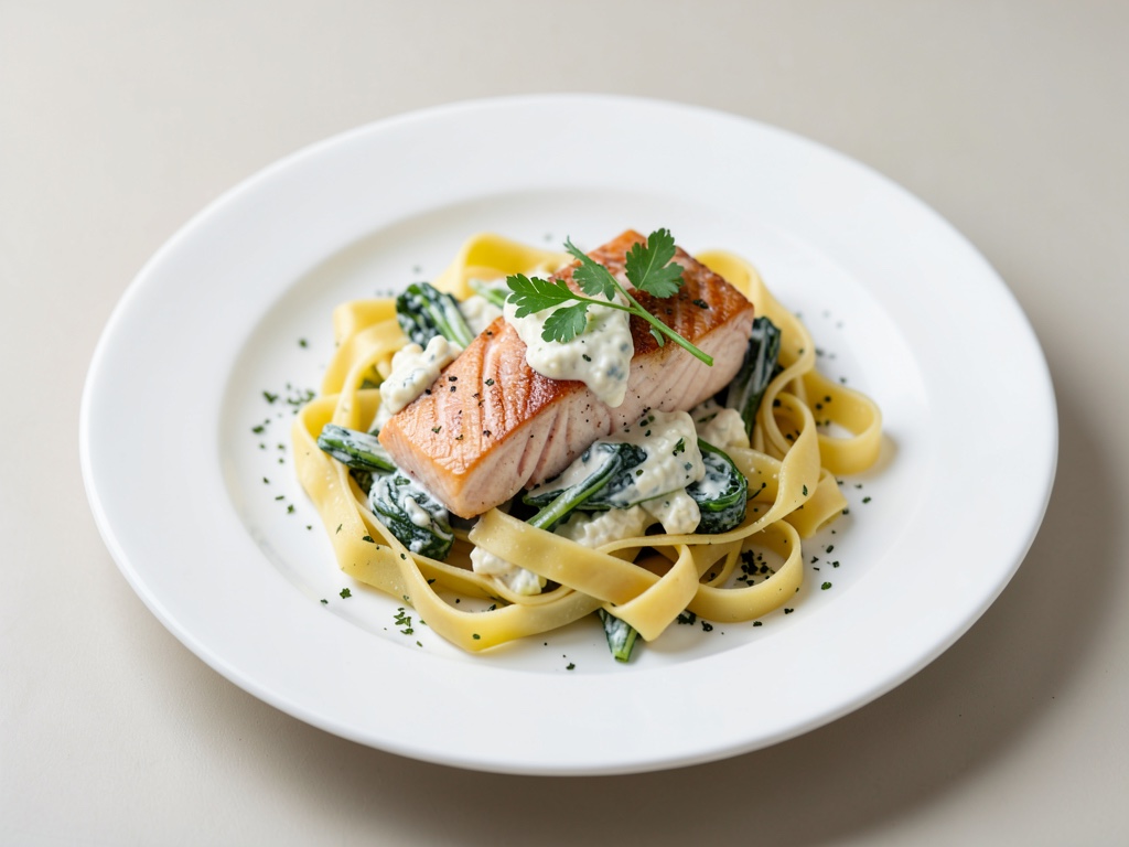 Salmone con verdure cremose e tagliatelle