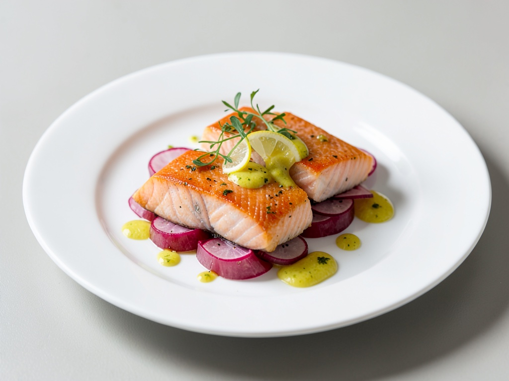 Filete de salmón en cáscaras de rábano con aderezo cítrico