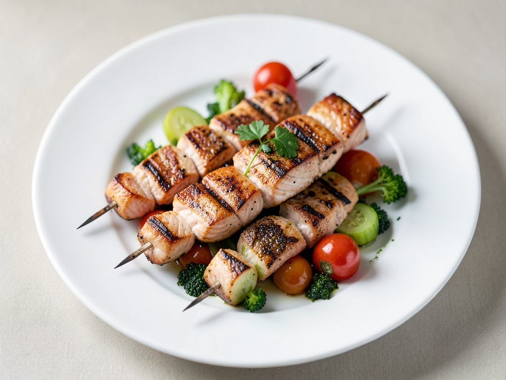 Spiedini di salmone alla griglia con verdure colorate