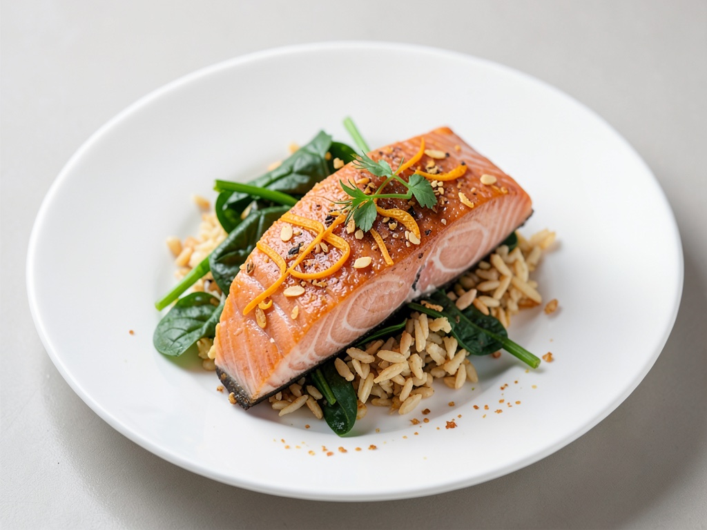 Salmone con grano arancione e spinaci