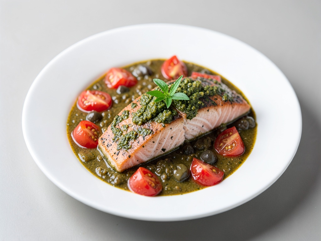 Filetti di salmone con crosta al pesto su sugo di pomodori e olive