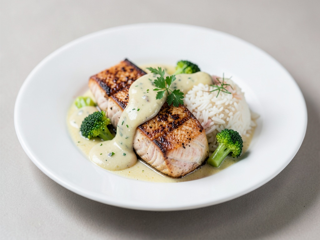 Gegrillter Lachs mit Brokkoli-Kokos-Sauce und Reis