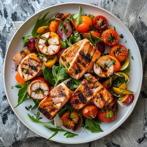 Salmone alla griglia con pomodori farciti e insalata di gamberi e verdure