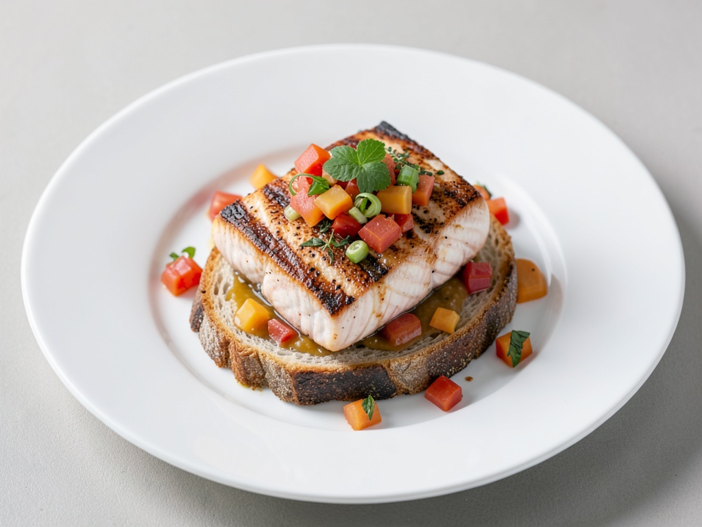 Salmone alla griglia con chutney di pesche su pane tostato