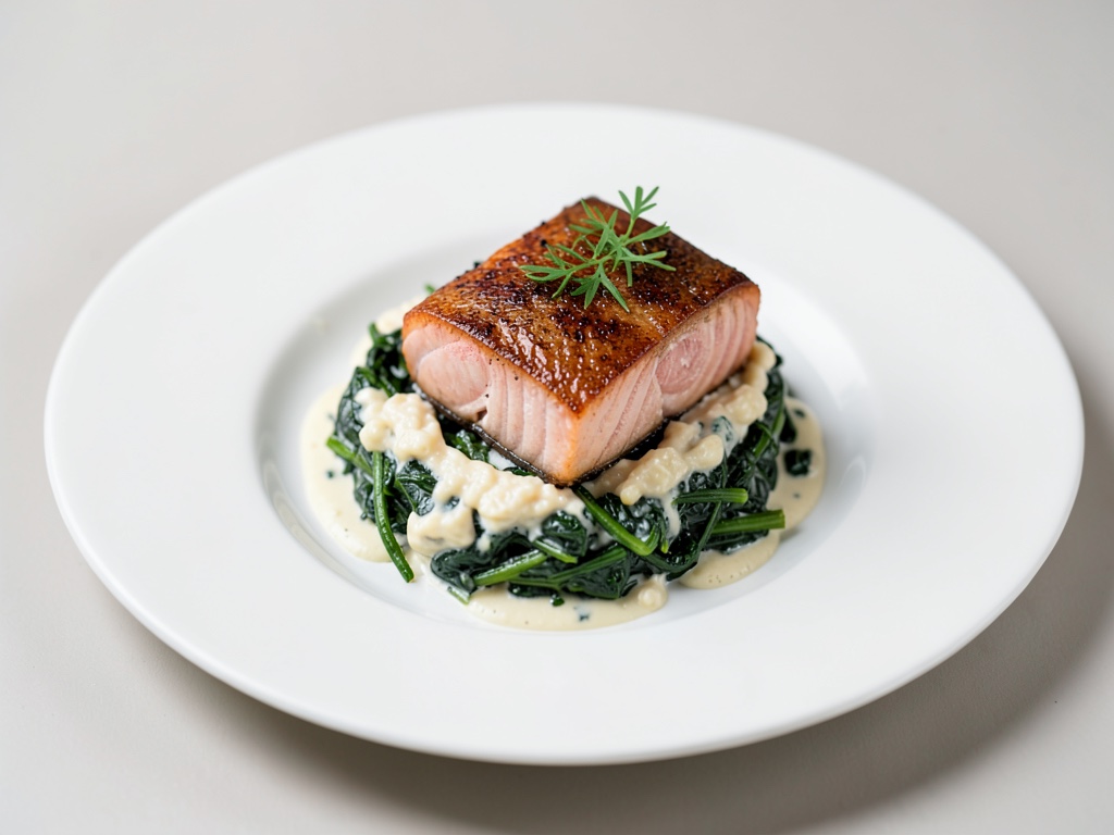 Salmone tenero su spinaci a foglia cremosi