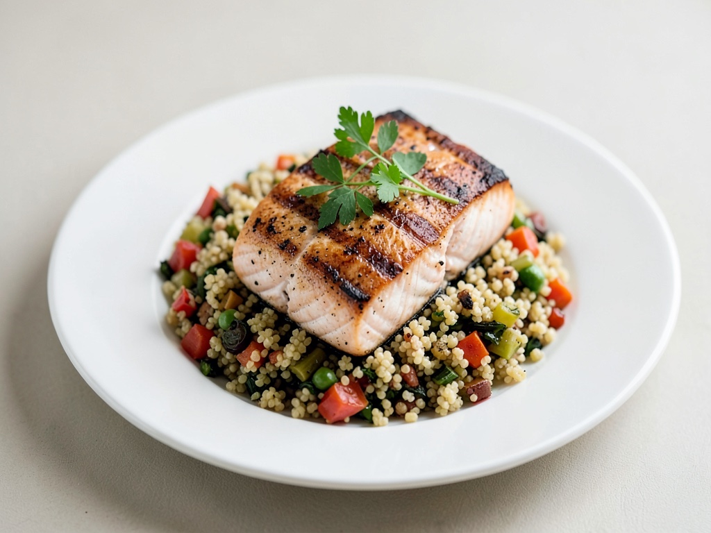 Salmone alla griglia su couscous di verdure speziate