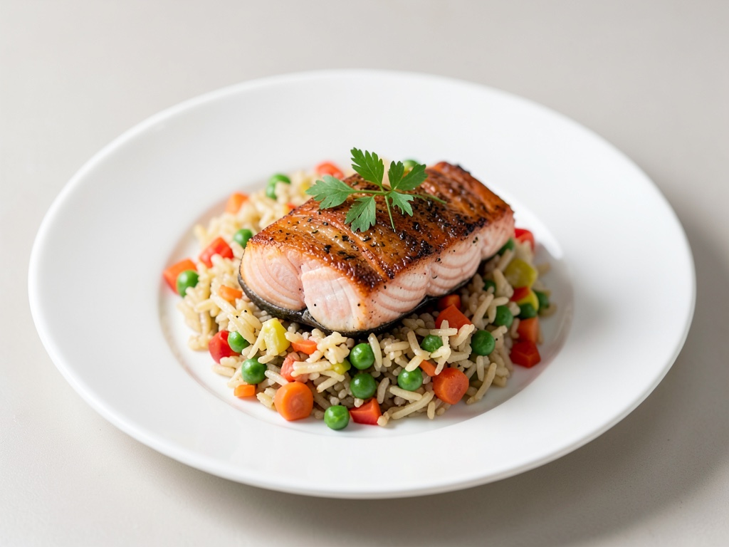 Filetto di salmone su riso alle verdure