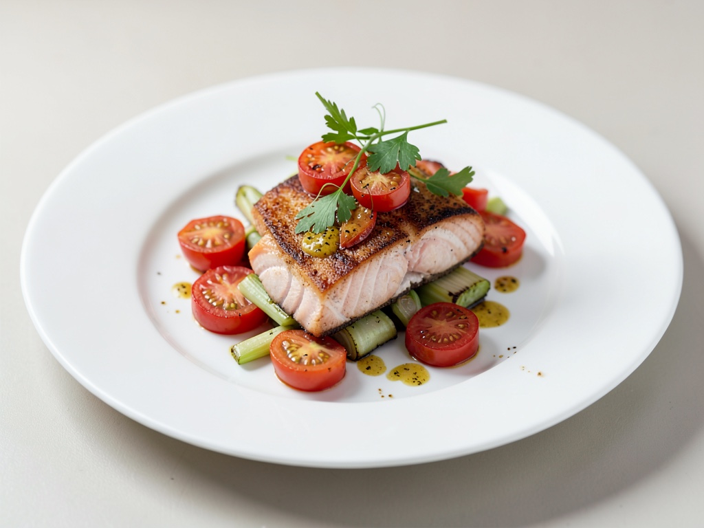 Salmone fritto su verdure di pomodoro e porro