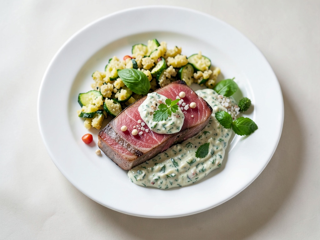 Salmone in crosta di erbe con yogurt dip e frittelle di zucchine e patate