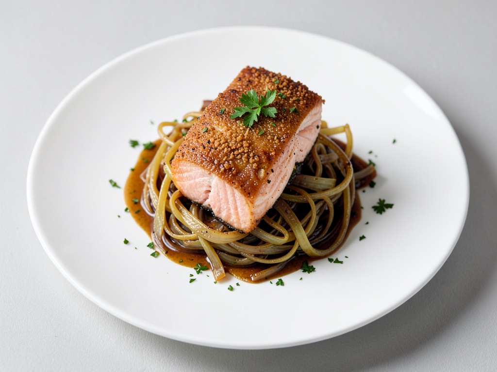 Salmone croccante su finocchi stufati