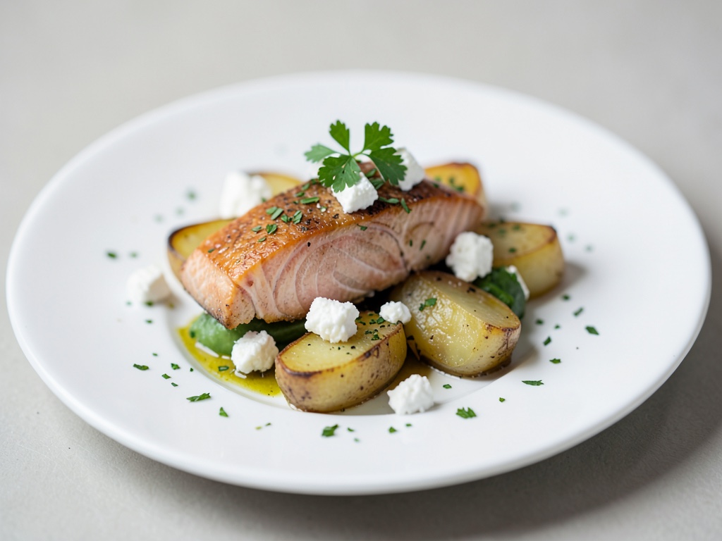 Salmone con feta su patate al finocchio