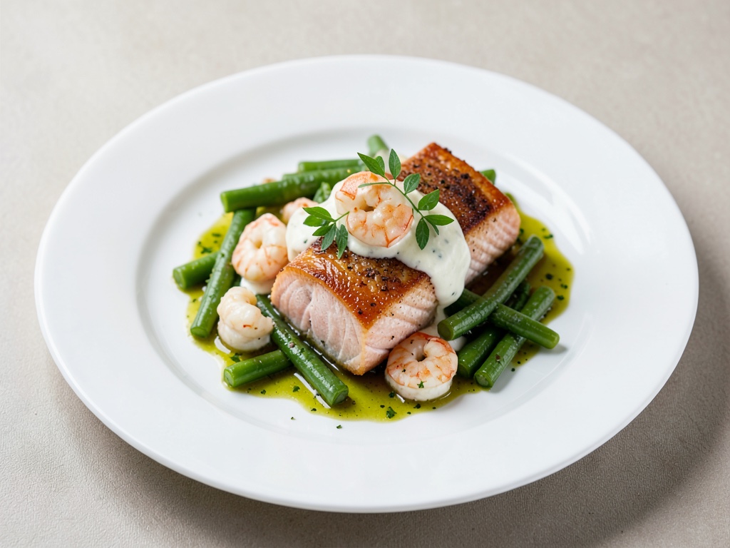 Salmone con crema di gamberi e fagiolini