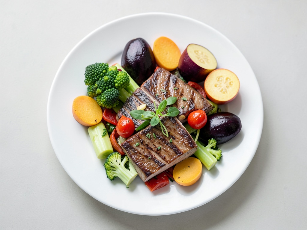 Assiette de légumes colorés avec saumon poêlé