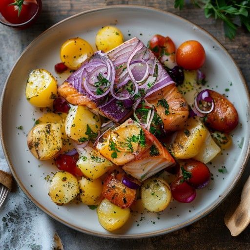 Saumon au four avec pommes de terre et oignons rouges