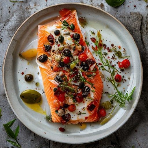 Filetto di salmone con mozzarella, pomodori secchi e olive