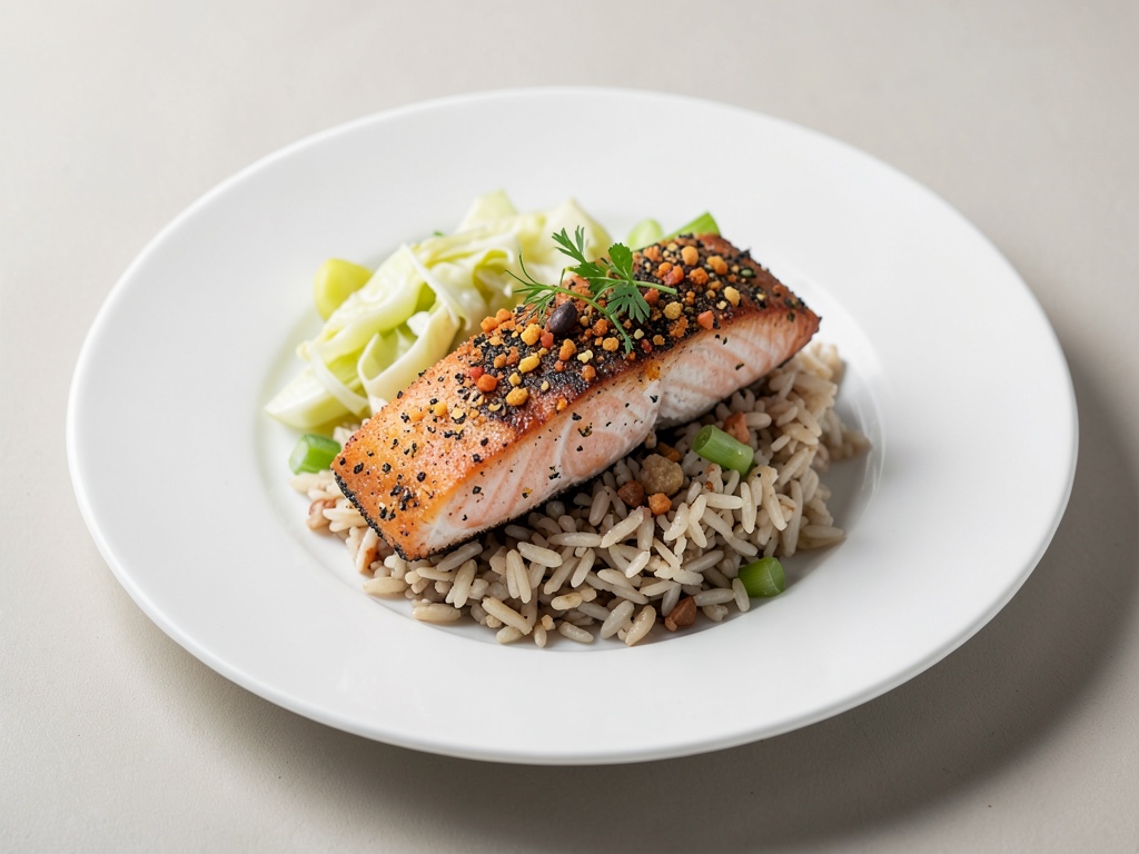 Salmone croccante alle noci con riso selvatico e verdure di cavolo cappuccio e porro