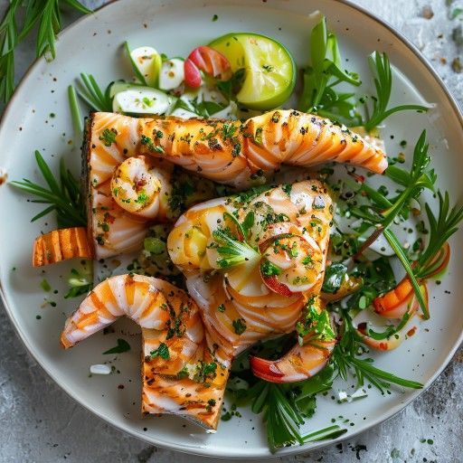 Salmone alla griglia con gamberi e insalata di finocchio e cetriolo