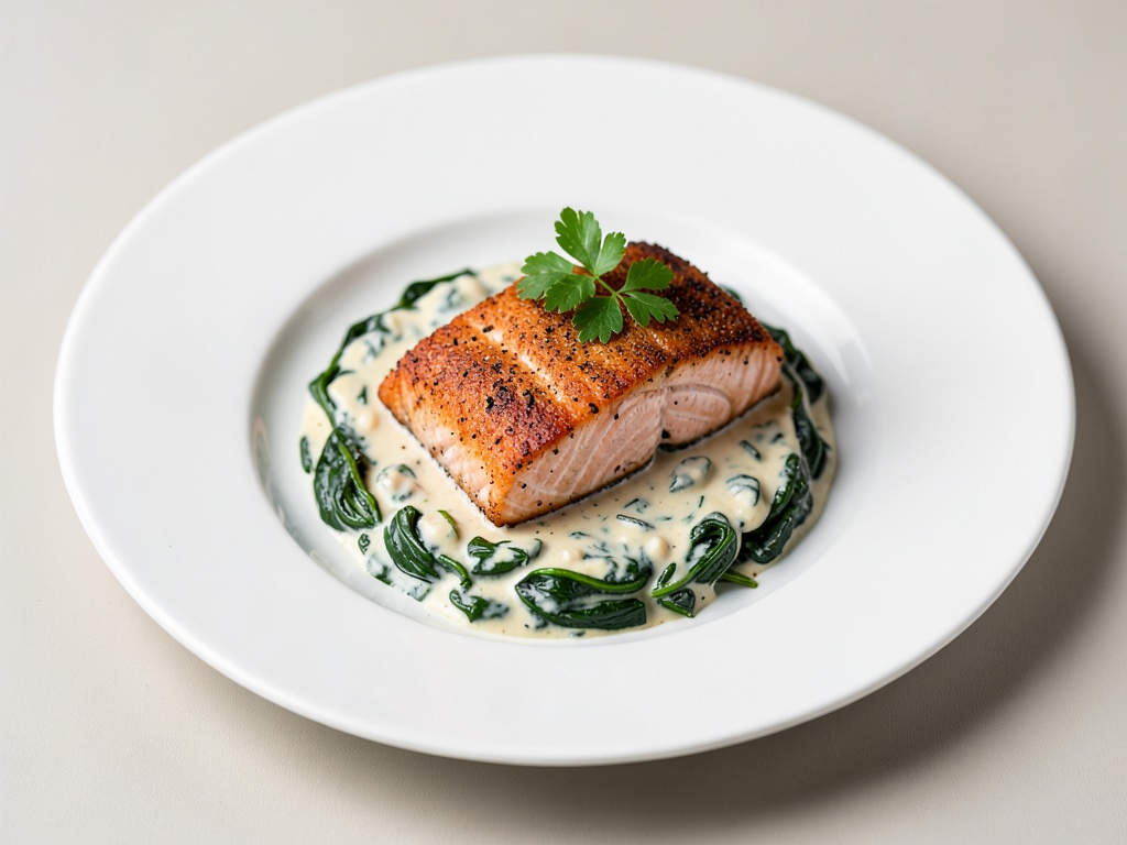 Salmone croccante su spinaci cremosi