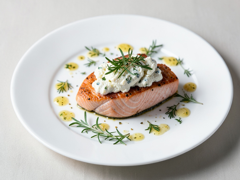Filetto di salmone con cappuccio di formaggio di capra e erbe