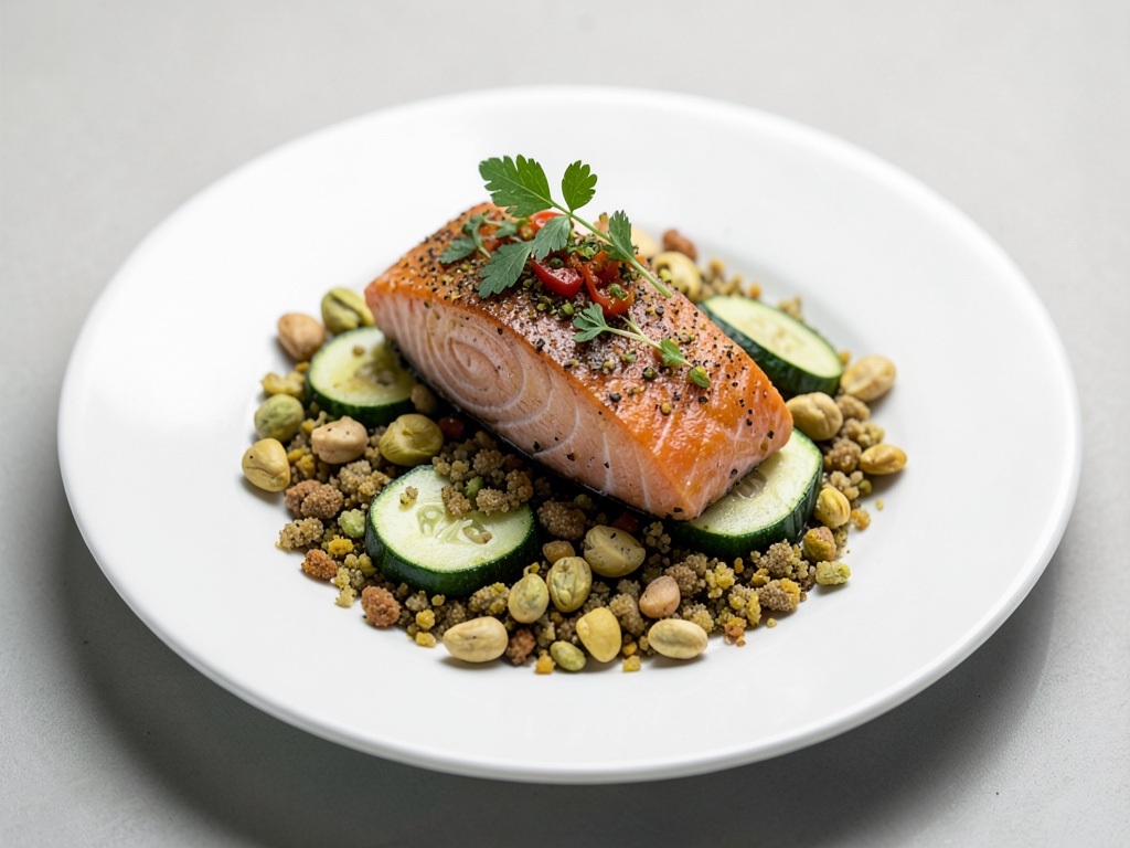 Pistacchi croccanti, zucchine e salmone