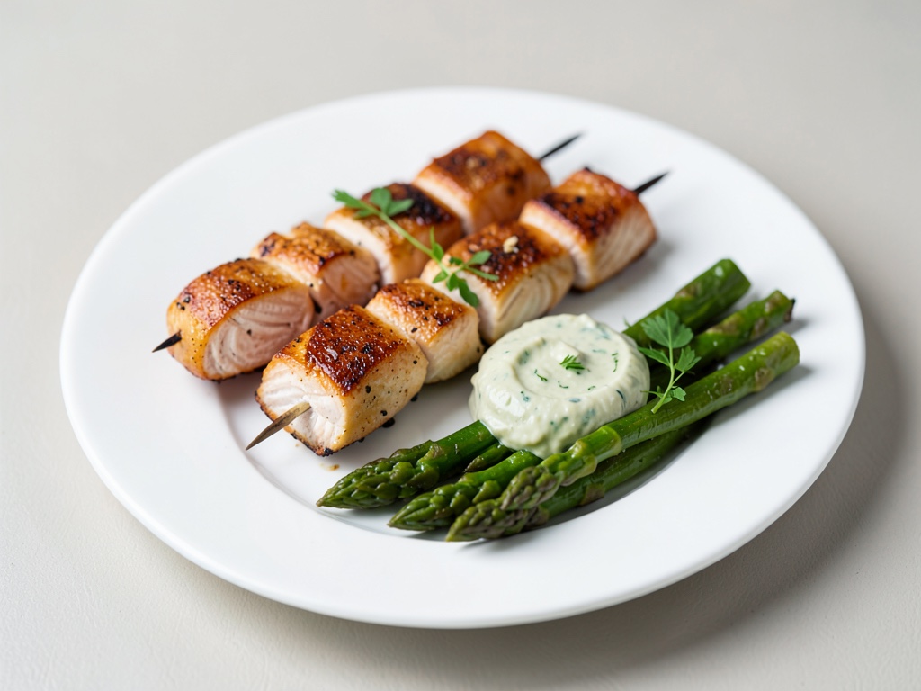 Lachsspieße mit Sauerampfer-Dip und Spargel