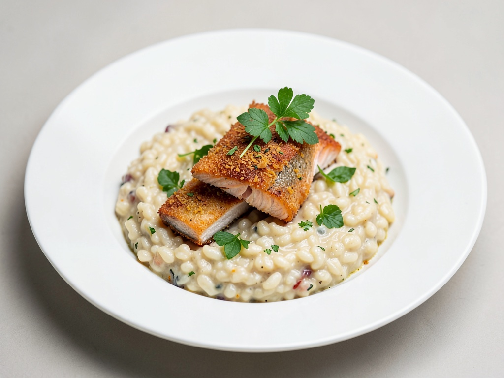 Salmone trota croccante su risotto cremoso all'orzo
