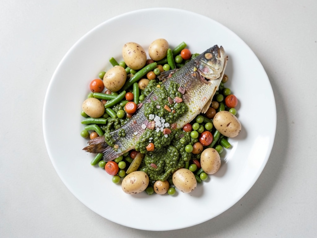 Trota salmonata con fagiolini e pesto