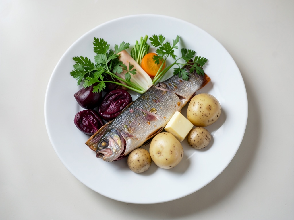 Salmone trota fritto con verdure di barbabietola rossa e purè di patate