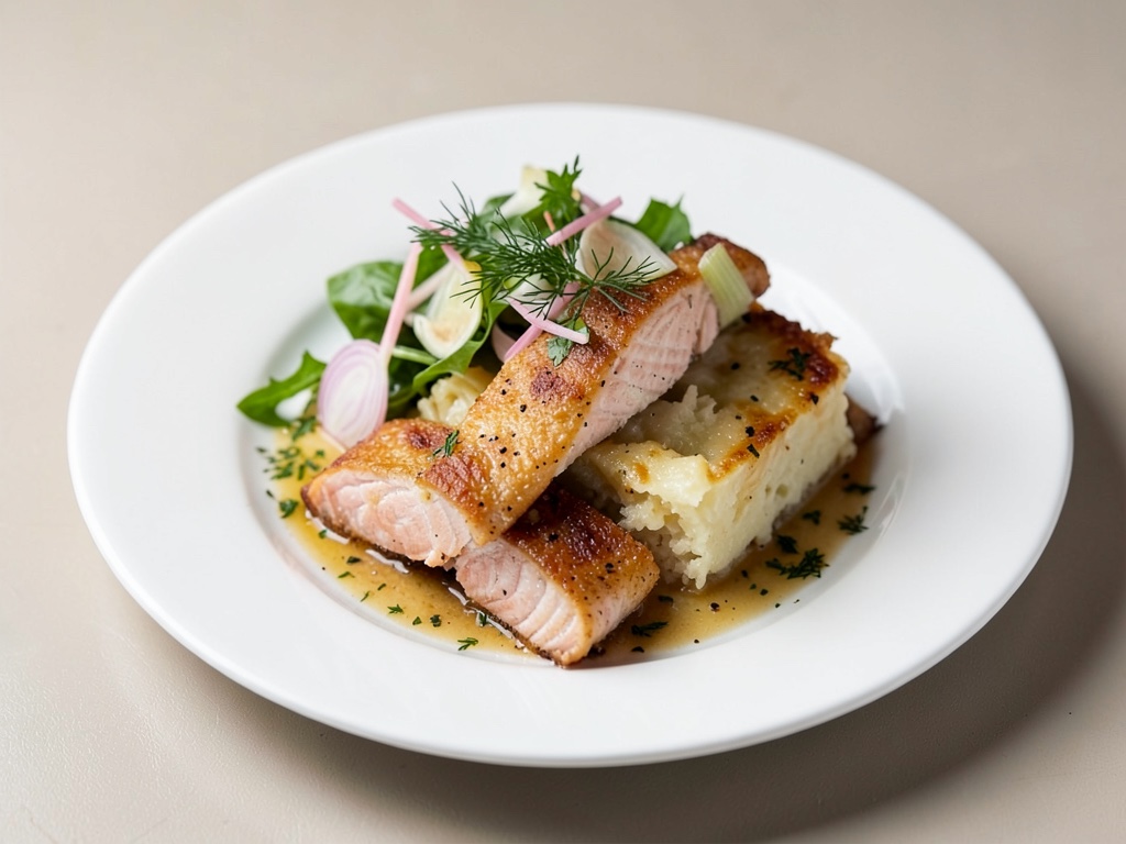 Gratin croccante di salmone e patate con insalata fresca di finocchio e aneto