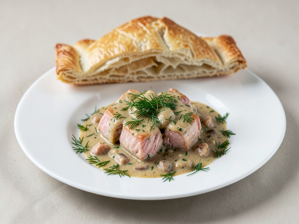 Ragù di salmone in salsa all'aneto sotto coperchio di pasta sfoglia