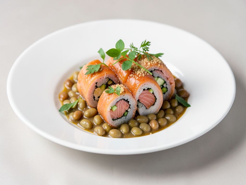 Freschi rotoli di salmone con fagioli