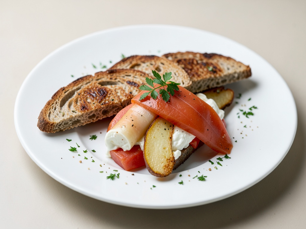 Tostadas con jamón de salmón, queso crema y pera salteada