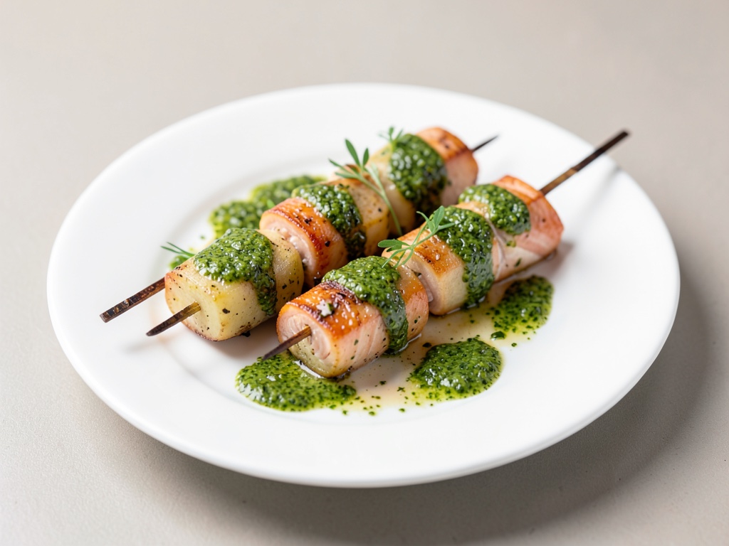Brochettes de pommes de terre et saumon au pesto frais