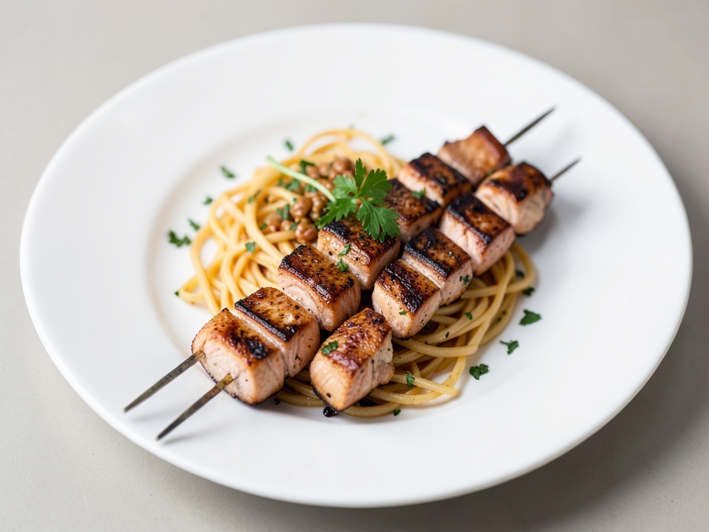 Gegrillte Lachsspieße mit Nudelpfanne