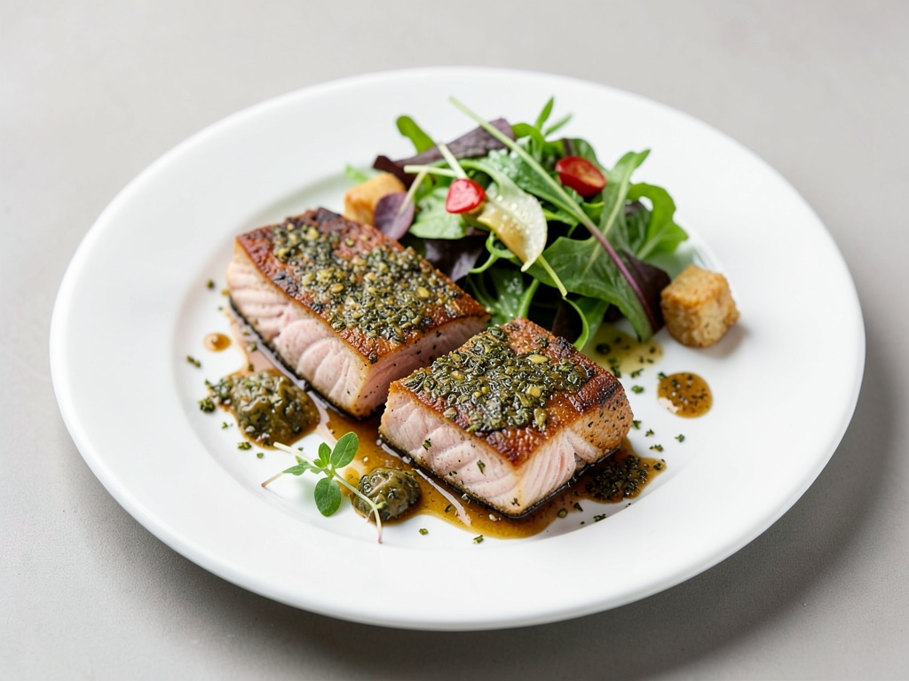 Salmone croccante con crosta alle erbe e insalata fresca