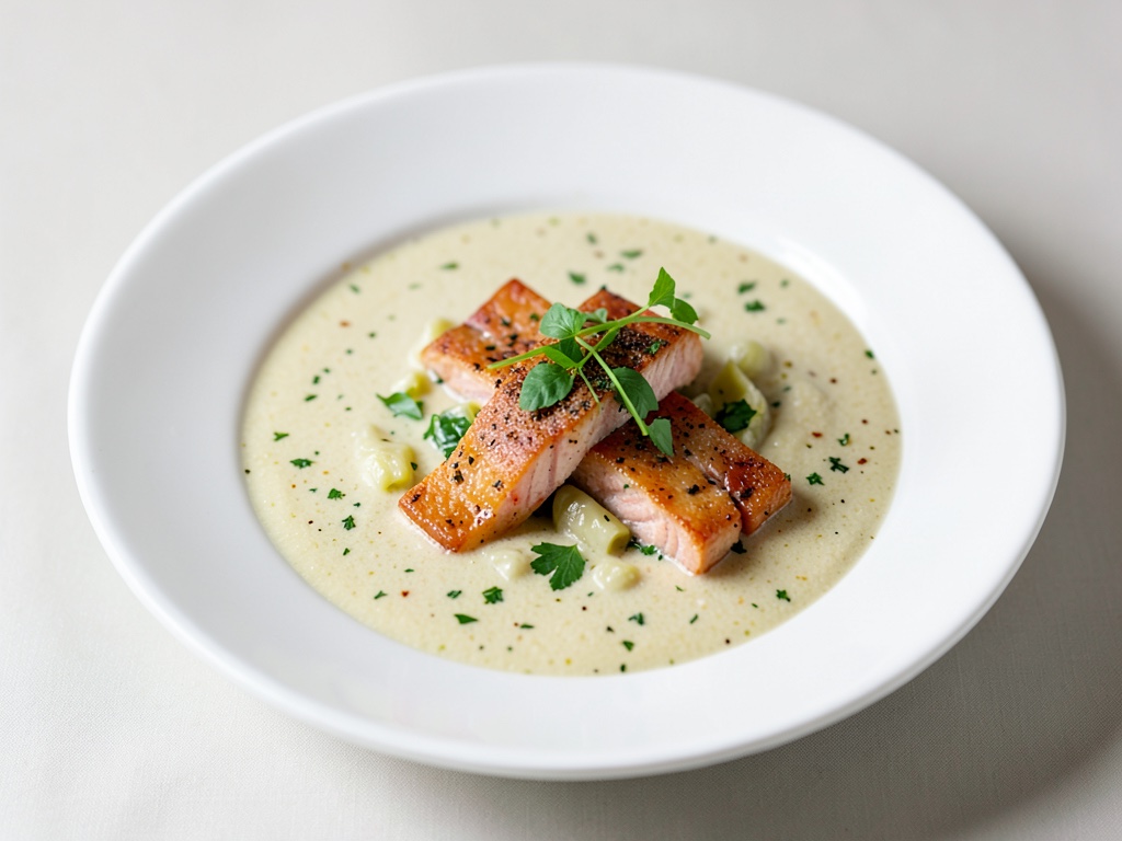Strisce di salmone in una zuppa cremosa all'aglio orsino
