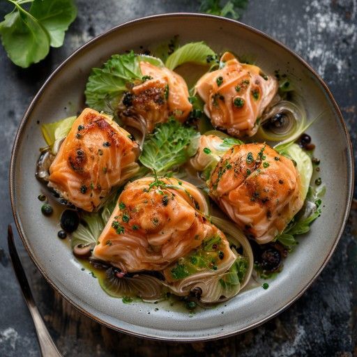 Rouleaux de saumon et chou frisé aux cèpes