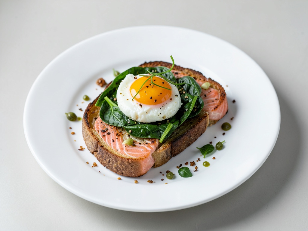 Toast au saumon croustillant avec œuf poché et épinards