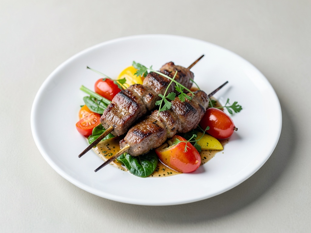 Brochetas de cordero marinadas con verduras frescas