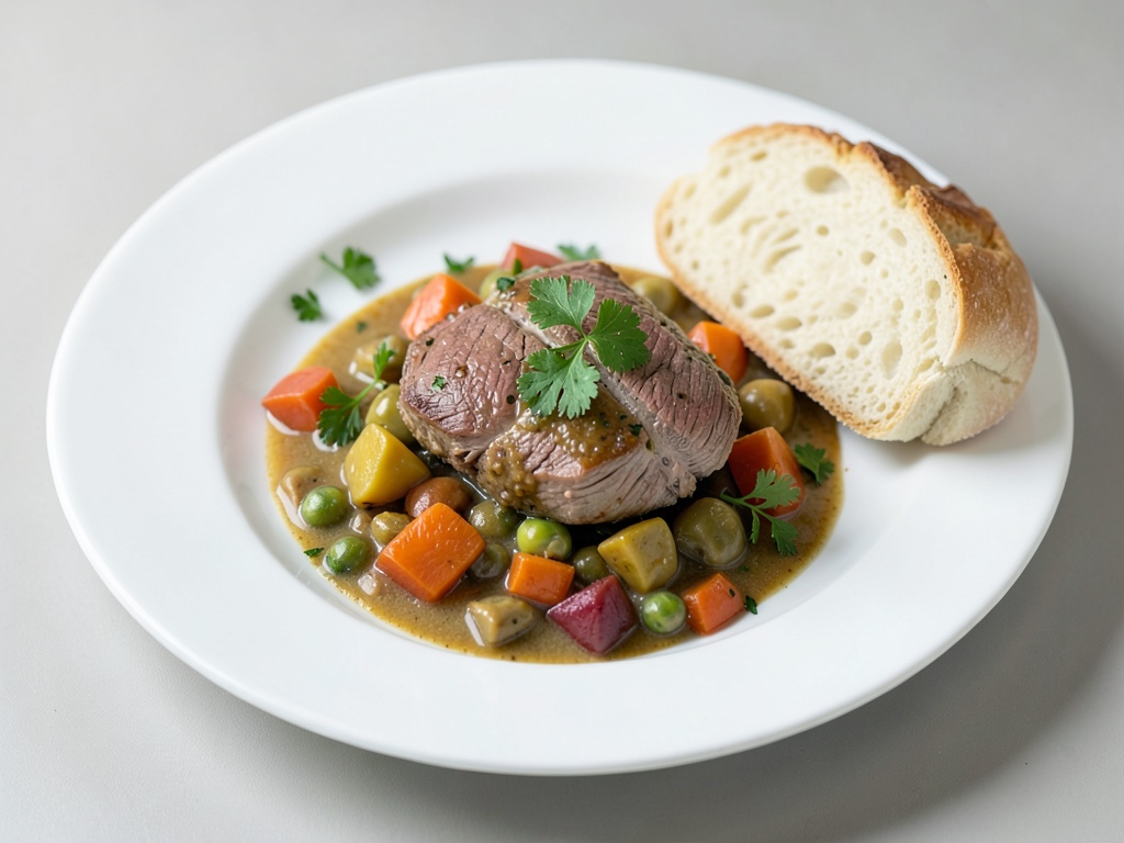 Tenero stufato di agnello e verdure con pane soffice alla pasta lievitata