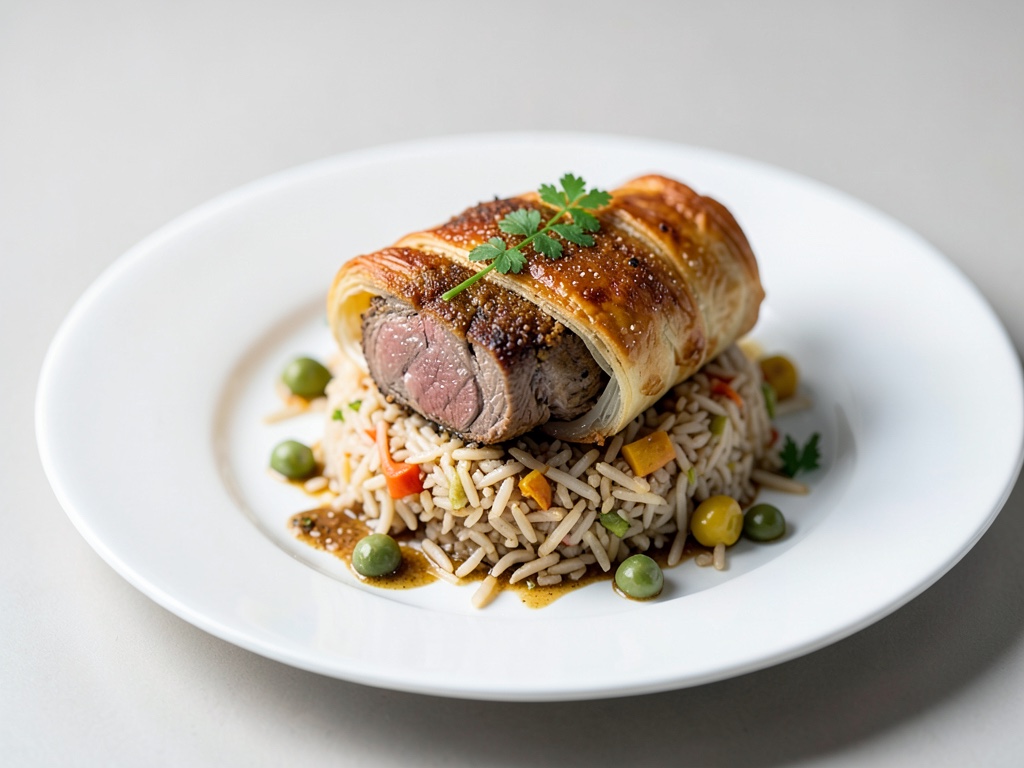 Crispino agnello in pasta sfoglia con riso orientale
